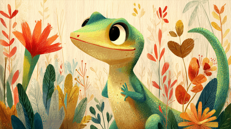 Cute Gecko in a Colorful Garden Surrounded by Wildflowers
