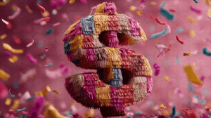 Colorful Dollar Sign Piñata with Confetti Explosion