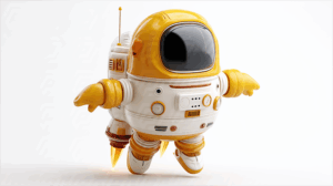 Cute Retro Yellow Robot Astronaut with Jetpack Flying in Space