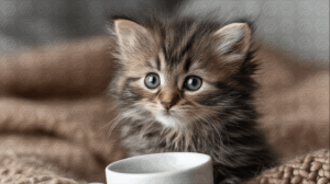 Adorable Kitten With Bright Eyes Near a White Cup