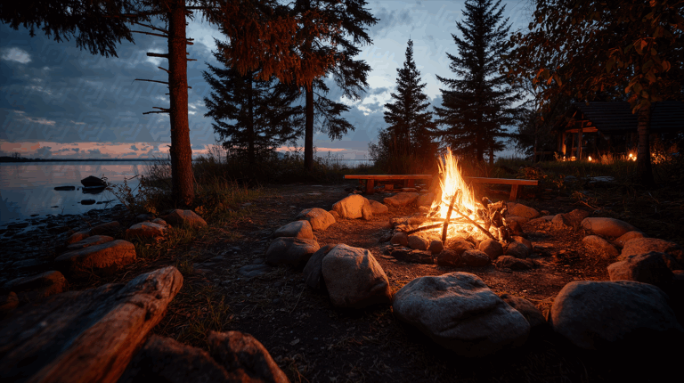Campfire by the Lake at Sunset Surrounded by Forest