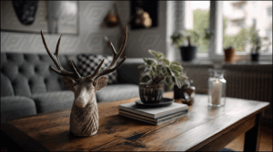 Rustic Table Decor With Ceramic Deer And Potted Plant