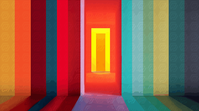 Symmetrical Rainbow Corridor With Bright Glowing Door