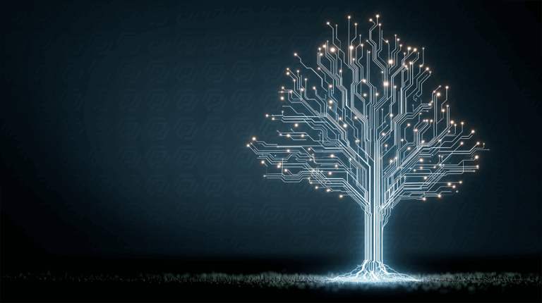 Technology Tree Composed Of Glowing Circuit Lines On Dark Ground