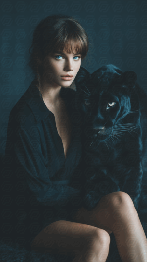 Stylish Woman with Panther Portrait in Dramatic Lighting
