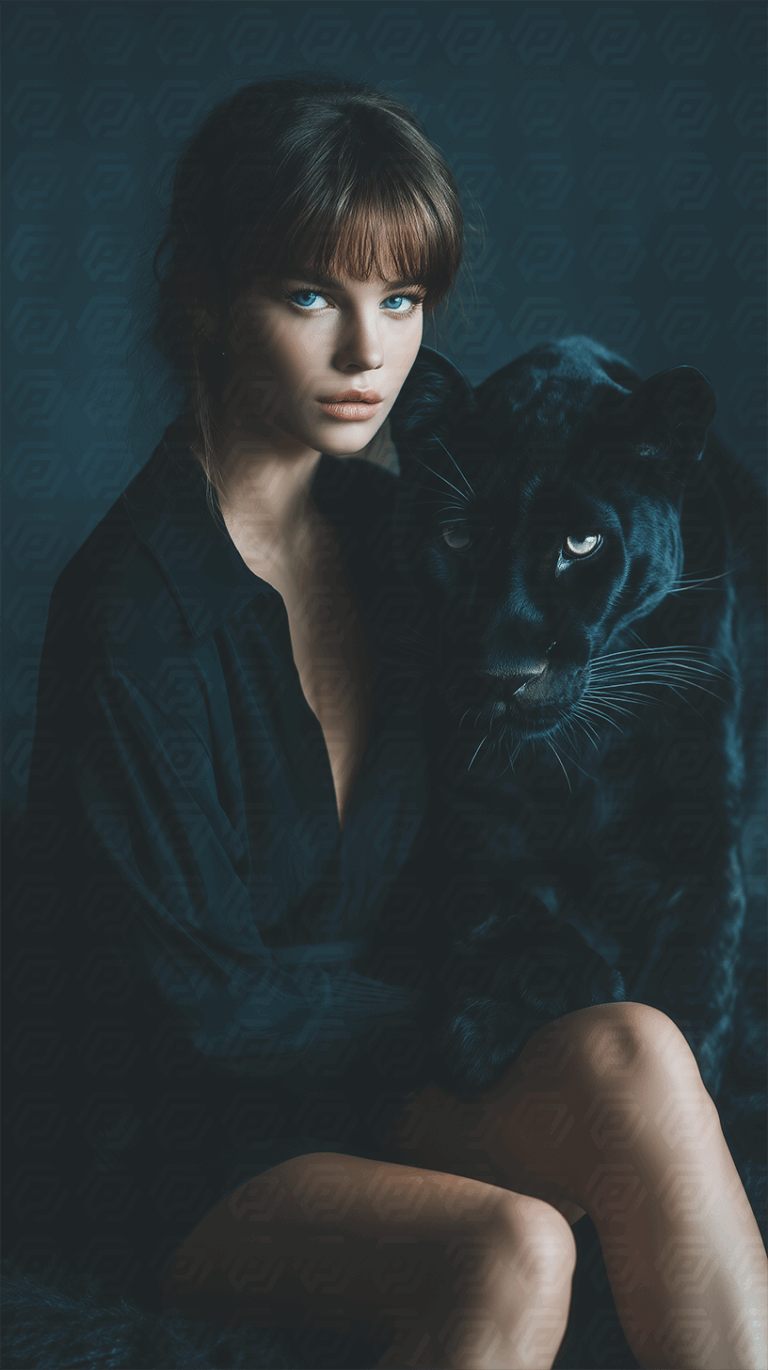 Stylish Woman with Panther Portrait in Dramatic Lighting
