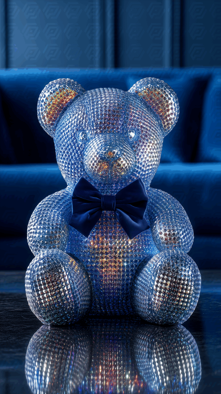 Elegant Holographic Teddy Bear With Blue Velvet Bow Tie