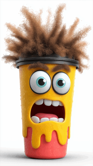 Bright Melting Cartoon Cup With Wild Hair And Shocked Expression
