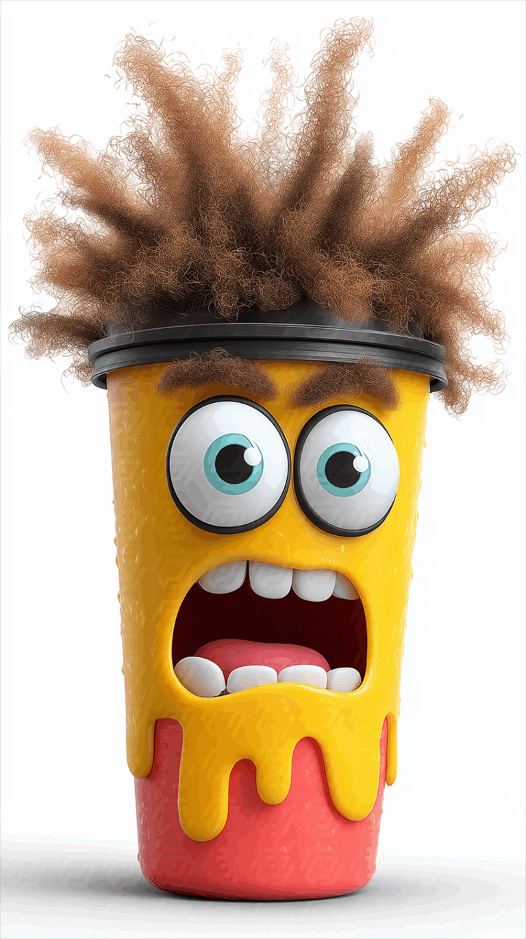Bright Melting Cartoon Cup With Wild Hair And Shocked Expression