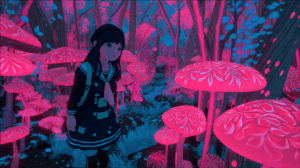 Anime Girl in Glowing Fantasy Mushroom Forest