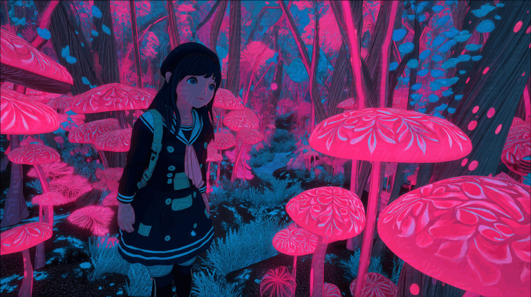 Anime Girl in Glowing Fantasy Mushroom Forest