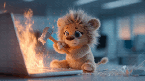 Cute Plush Lion Cub with Hammer Sets Laptop Ablaze in Office