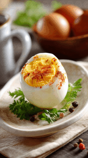 Classic Hard-Boiled Egg with Paprika on Rustic Plate