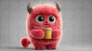 Red Furry Monster With Coffee Cup and Big Green Eyes