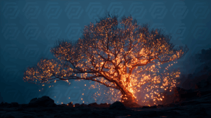 Fiery Tree Erupting With Sparks in Dark Mystical Landscape