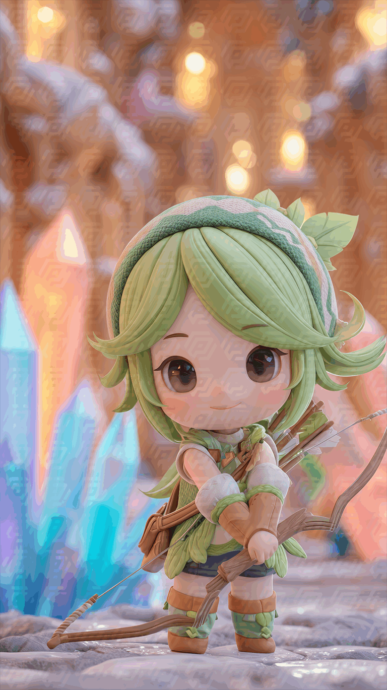 Chibi Forest Archer With Crystal Background