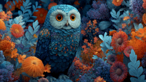 Blue Owl Among Bright Orange and Blue Flowers