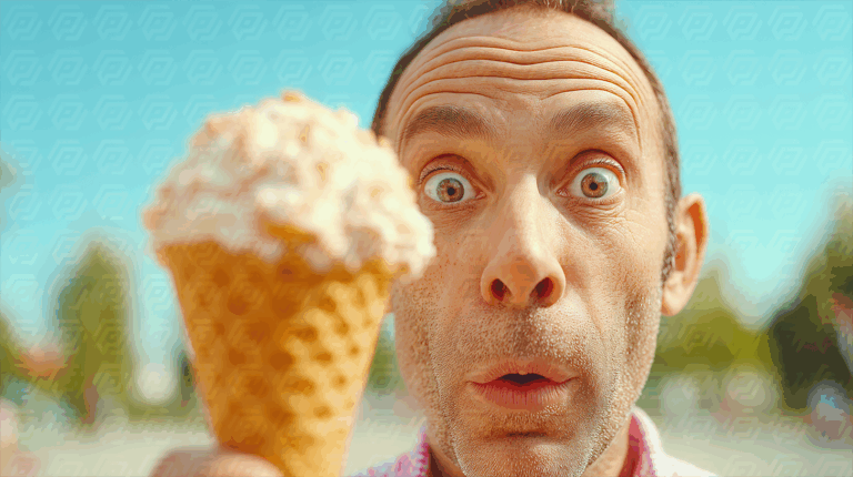 Shocked Man Gazing at Ice Cream Cone Under Blue Sky