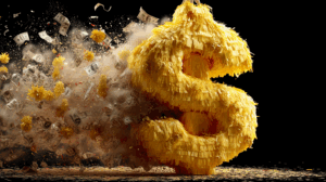 Yellow Dollar Sign Piñata Bursting with Cash and Debris