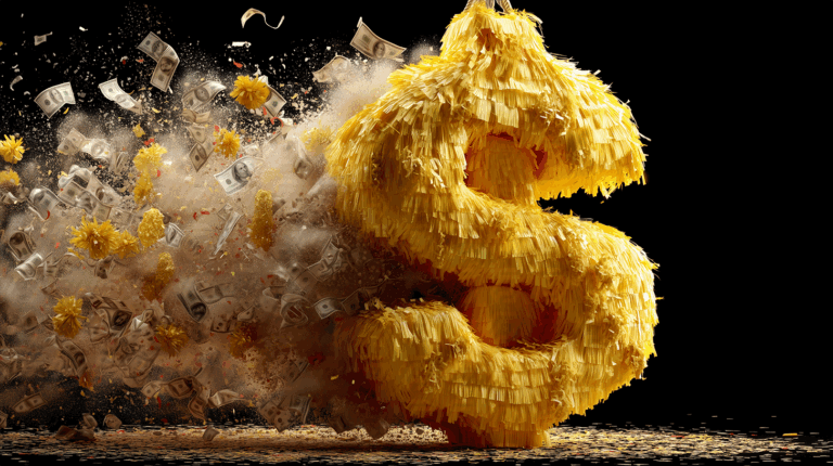 Yellow Dollar Sign Piñata Bursting with Cash and Debris