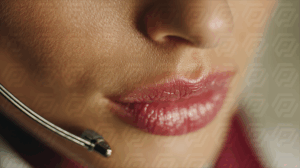 Glossy Lips And Microphone In Corporate Setting