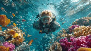 Scuba Diver Exploring Coral Reef With Colorful Tropical Fish