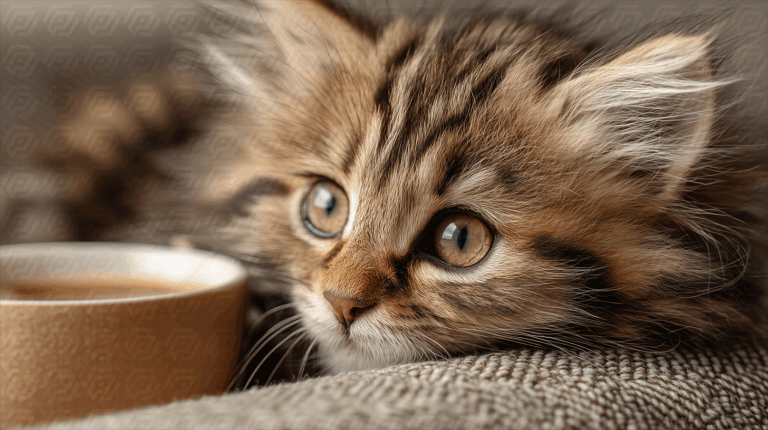 Sweet Tabby Kitten Resting Beside a Warm Drink