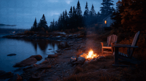 Campfire Beside a Lake with Adirondack Chairs and Twilight Sky