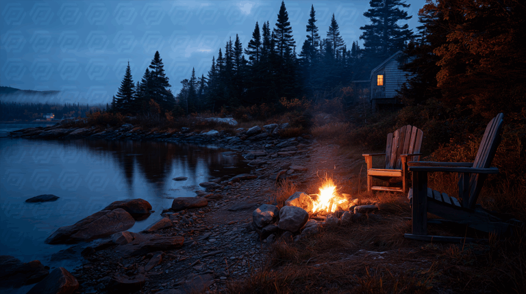 Campfire Beside a Lake with Adirondack Chairs and Twilight Sky