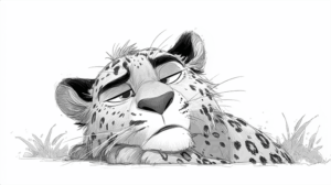 Cartoon Leopard With Sleepy Eyes Resting in Grass