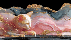 Golden Abstract Cat Reclining On Marble Dreamscape