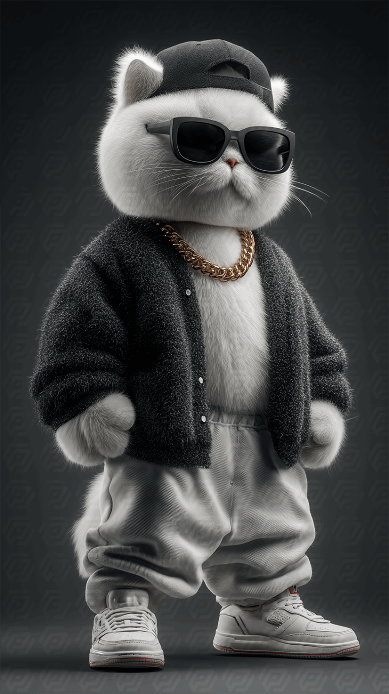 Stylish White Cat in Retro Tracksuit With Gold Chain