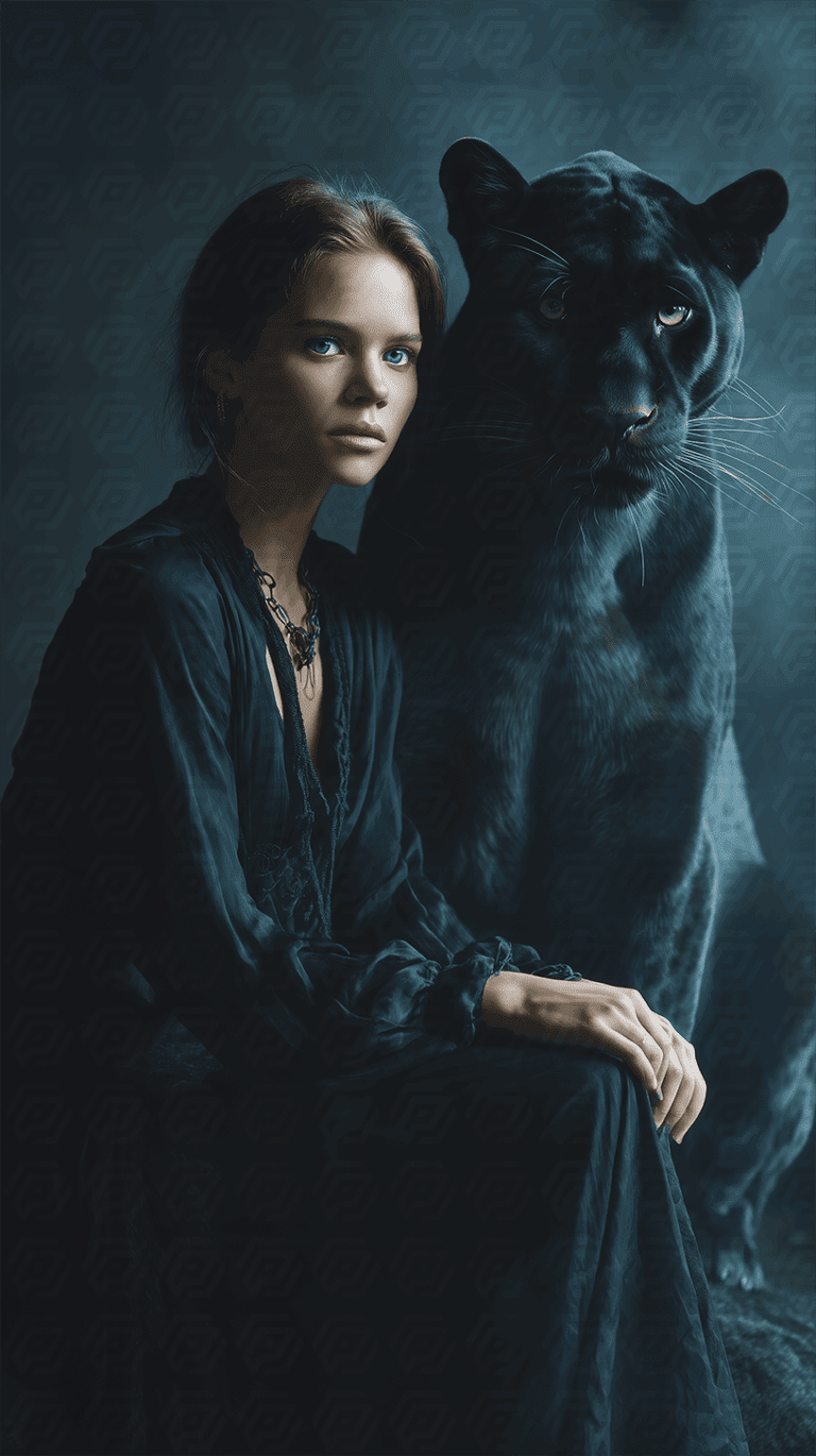 Young Woman and Panther in Mystical Dark Setting