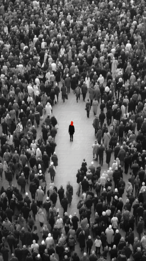 Red-Hooded Individual in the Center of a Divided Crowd