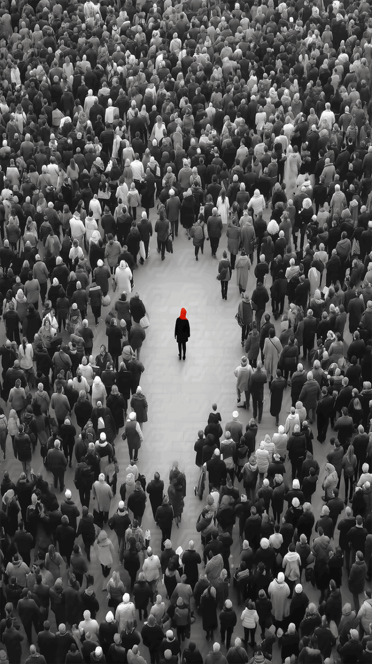 Red-Hooded Individual in the Center of a Divided Crowd