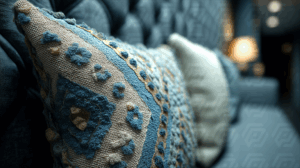Patterned Blue and Beige Cushion on Elegant Tufted Sofa in Ambient Light