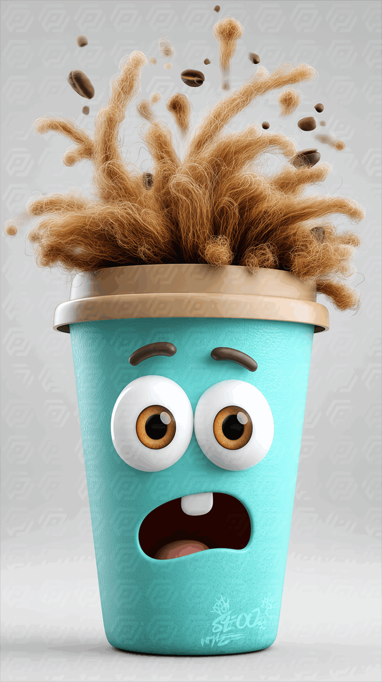 Cute Blue Cartoon Coffee Cup With Exploding Hair And Coffee Beans