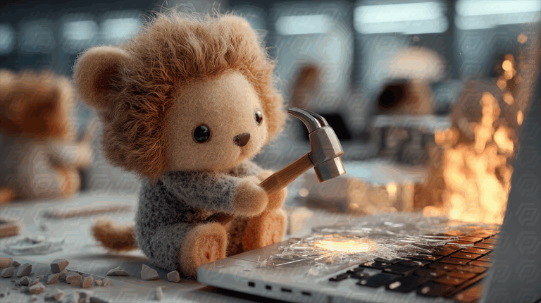 Stuffed Lion Toy Destroys Laptop with Hammer in Open Office