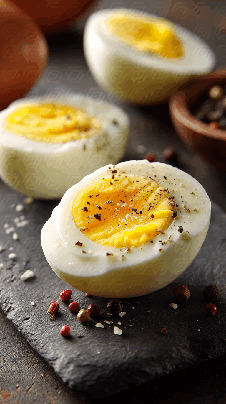 Seasoned Hard-Boiled Eggs on Slate with Pepper and Salt
