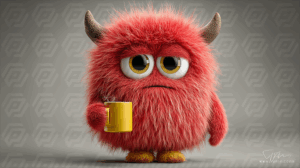 Tired Red Monster Holding Coffee Mug With Yellow Eyes