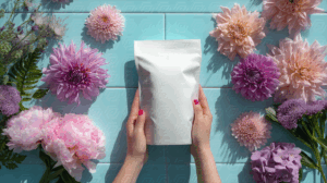 Hands Holding Blank Stand Up Pouch On Blue Tiles With Flowers