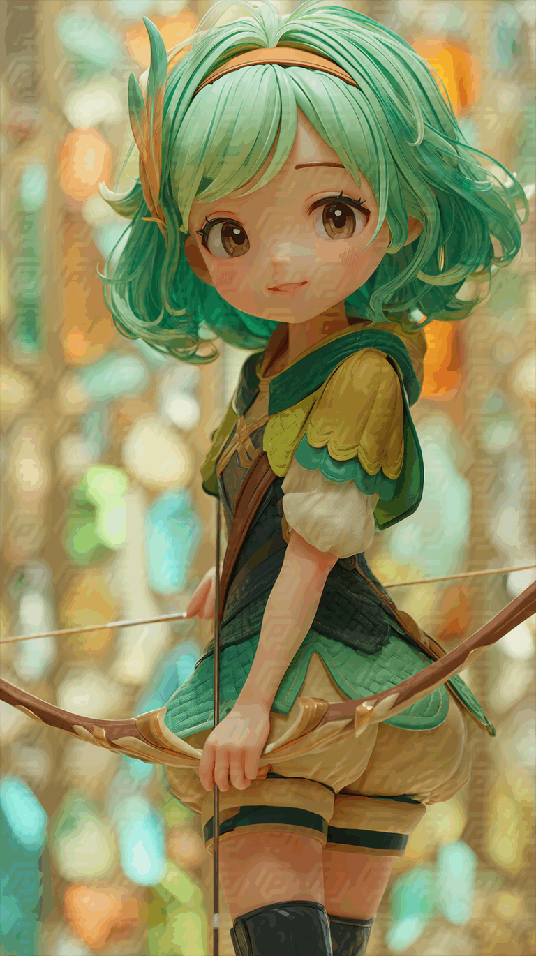 Elegant Anime Archer With Green Hair In Fantasy Setting