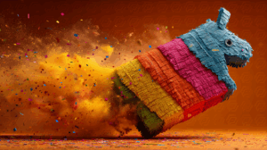 Colorful Donkey Piñata Kicking Up Confetti Cloud