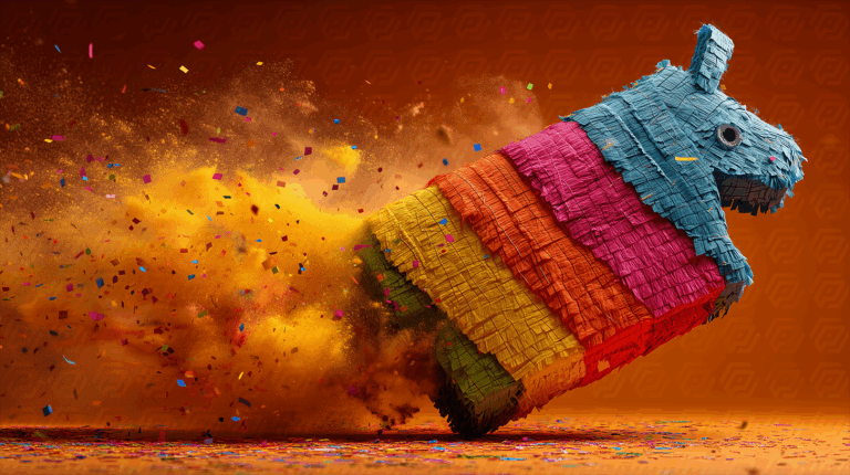 Colorful Donkey Piñata Kicking Up Confetti Cloud