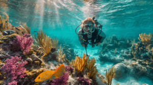 Woman Diving Among Coral and Fish in Shallow Clear Waters