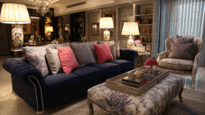 Elegant Living Room With Floral Upholstery And Classic Decor
