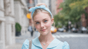 Young Woman in Blue Vintage Fashion on City Street