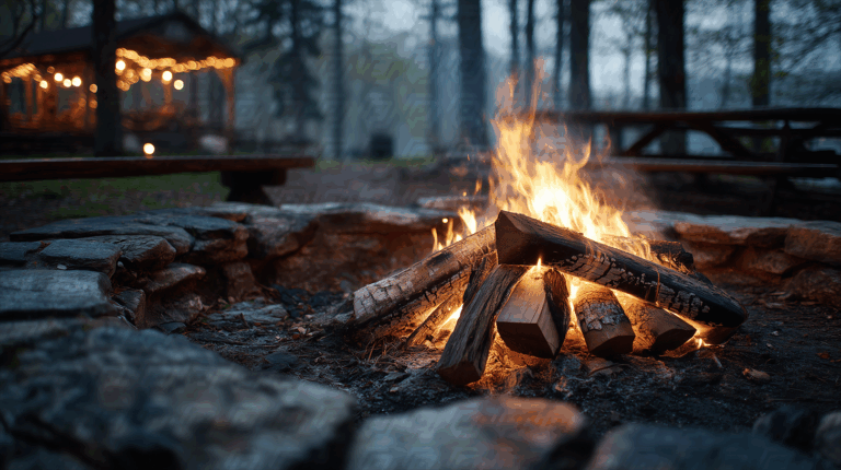 Close-Up of Glowing Campfire in a Forest Retreat