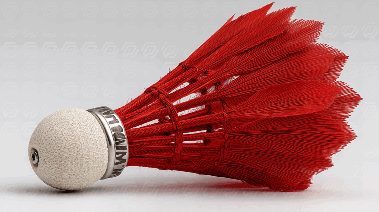 Close-Up of Red Feathered Shuttlecock on White Surface