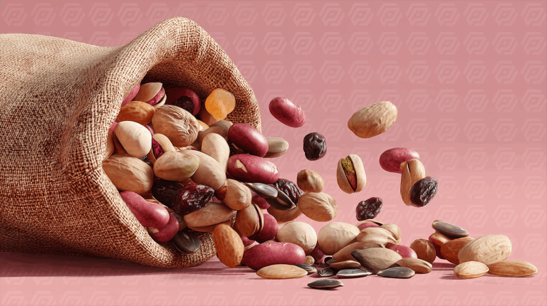 Assorted Mixed Nuts and Seeds Spilling from Burlap Sack